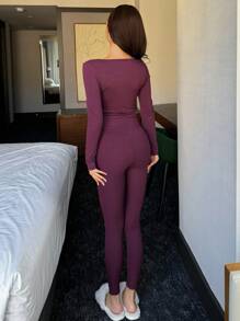 DAZY Lace Patchwork Ruched Collar Ribbon Hollow Out Design Fitted Pajama Set - Purple - View 2