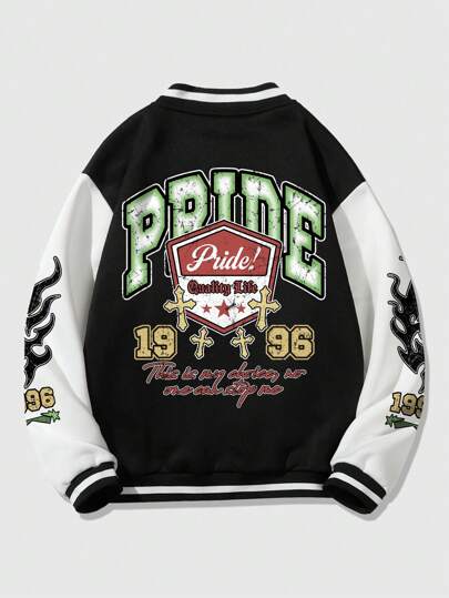 Street Life Men's Casual Street Slogan And Flame Print Color Block Baseball Bomber Jacket