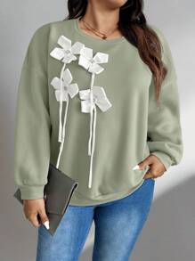 SHEIN Unity 大码女式休闲撞色3D立体花卉装饰落肩宽松套头卫衣，春秋季 - 薄荷綠 - 查看 3