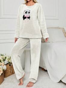 SHEIN Cottnline 2Pcs Pelush Panda Embroidery Detail PJ Set - White - View 5