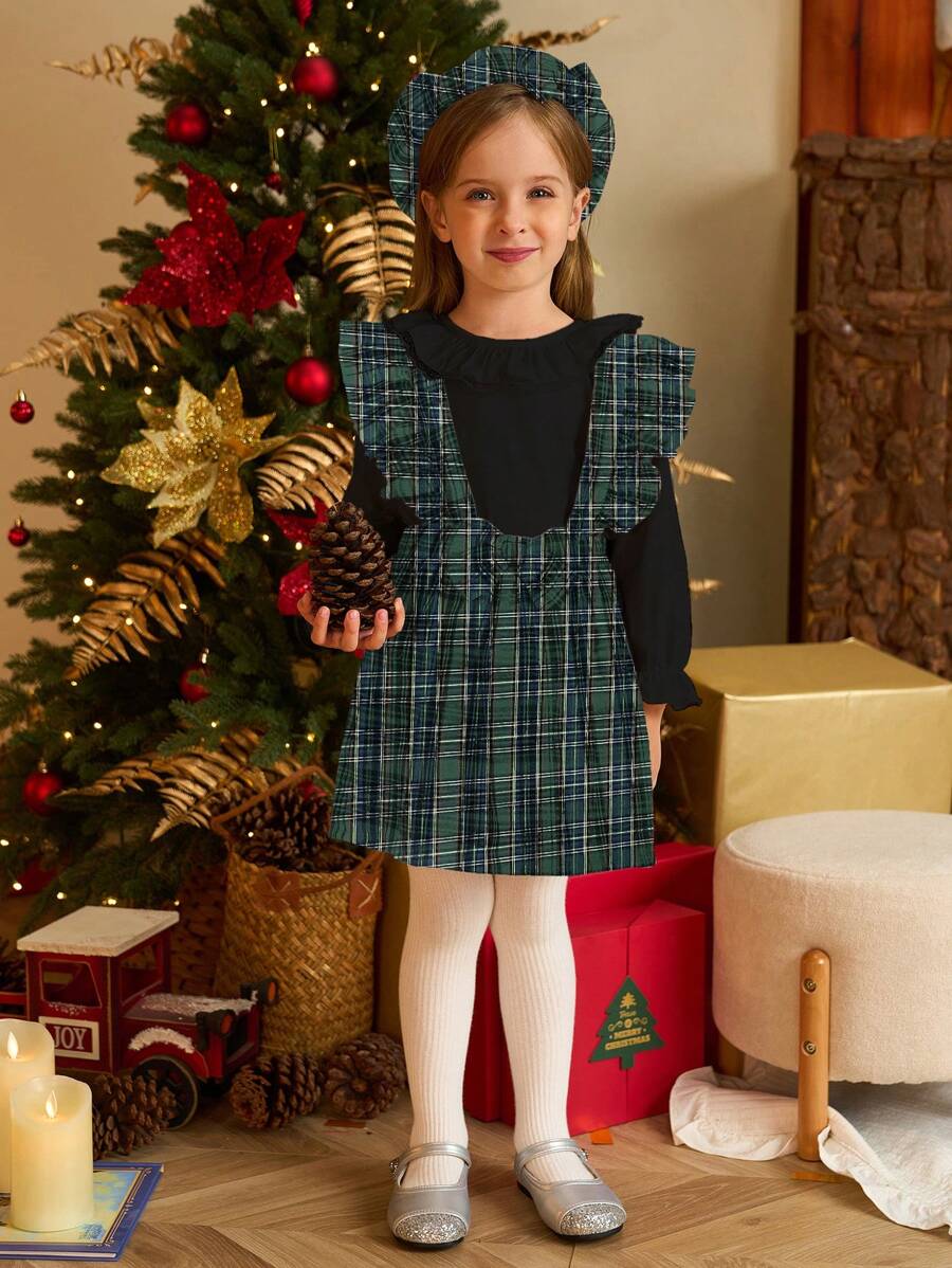 SHEIN 2pcs/Set Christmas Young Girls Autumn/Winter Elegant Ruffle Collar Long Sleeve Top & Plaid Dungaree Skirt, Comes With Plaid Bow Beret