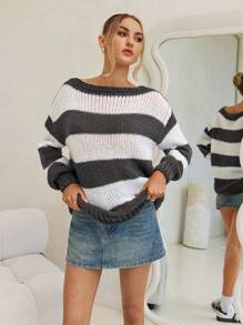 Forever 21 Áo len dài tay rộng rãi họa tiết sọc thả vai cho nữ, mùa thu/đông - Màu xám đen - Xem 4