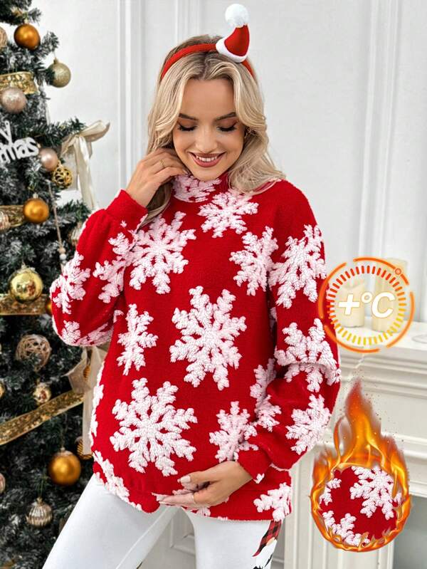 SHEIN Maternity Knitted Stand Collar Long Sleeve Sweatshirt, Round Neck Christmas Pullover For Pregnant Women, Autumn, For Winter