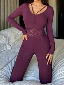 DAZY Lace Patchwork Ruched Collar Ribbon Hollow Out Design Fitted Pajama Set - Purple - View 1