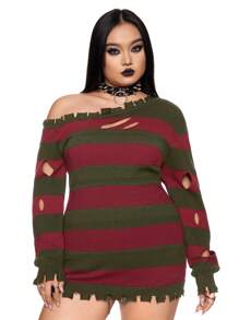 ROMWE Grunge Punk 圣诞节大码长款破洞红黑条纹套头毛衣