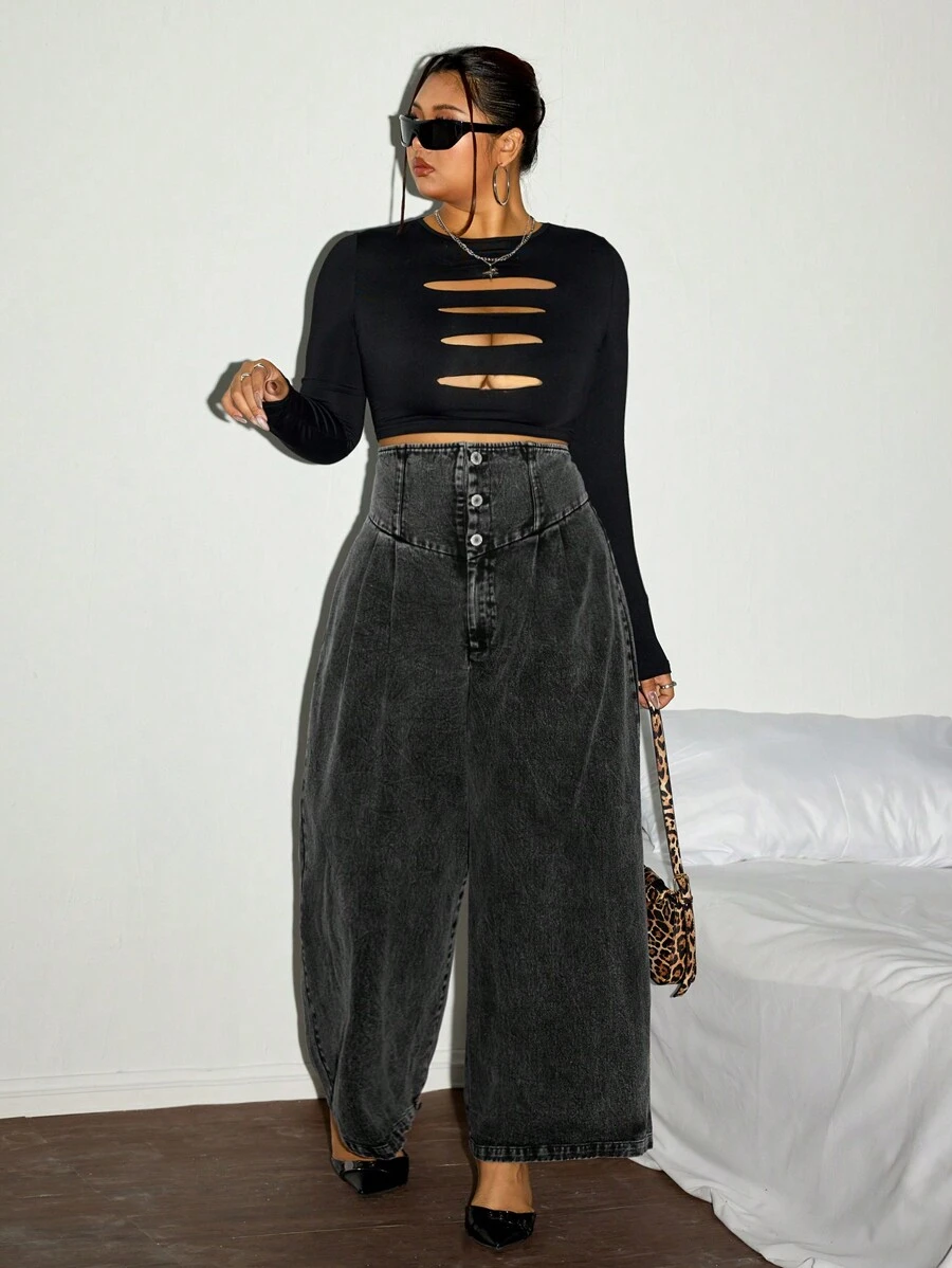 SHEIN ICON Plus Size Women Icon Highwaist Wide Leg Jeans