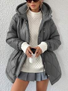 Aveloria Affinna Textured Wave Pattern Quilted Zip-Up Drawstring Casual Versatile Mid-Length Hooded Padded Padded Coat Clothes Winter  - Grey - View 5