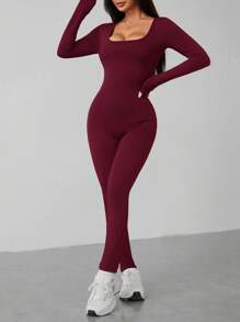 SHEIN PETITE 春季圆领黑色长袖紧身连衣裤 - 酒紅色 - 查看 3