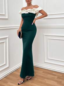 EURMUSE Two Tones Off Shoulder Ruffle Trim Bodycon Dress, Elegant Dress - Dark Green - View 3