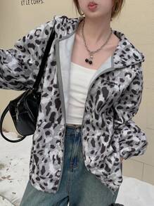 DAZY 女士前拉链连帽夹克，字母和豹纹印花，休闲猎豹纹女式外套 - 灰色 - 查看 2