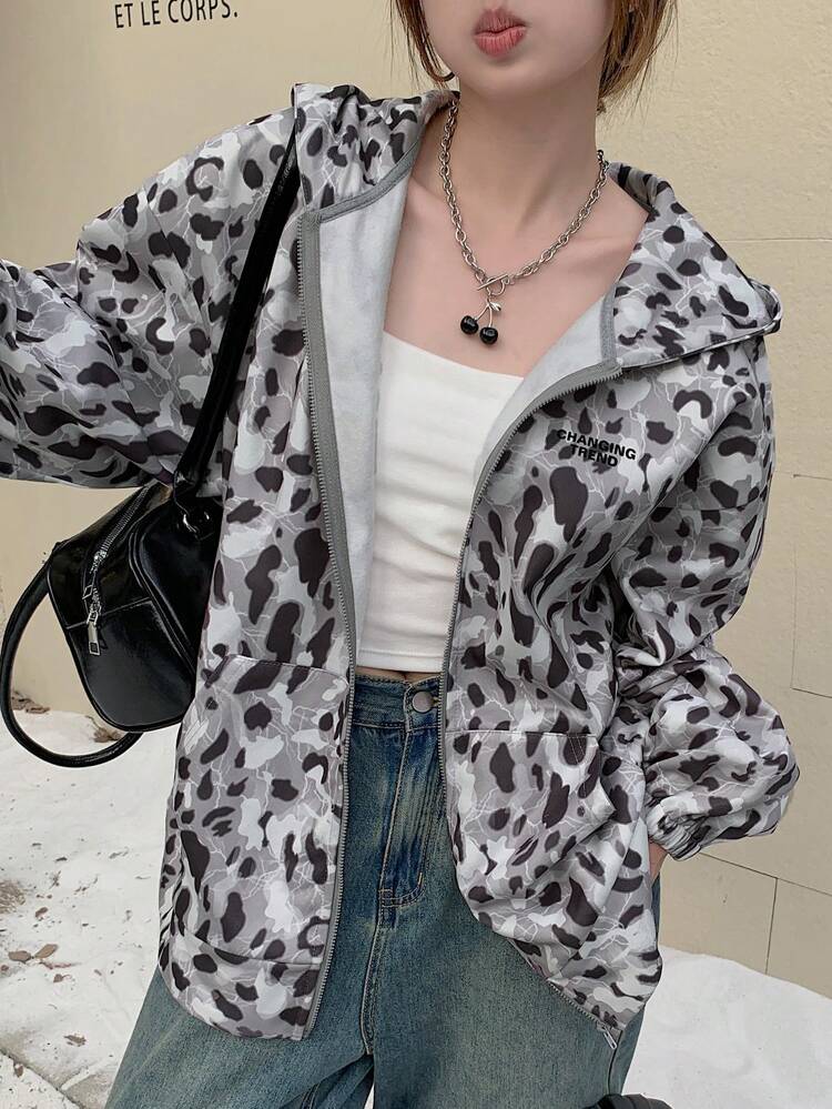 Women's Front Zipper Hoodie Jacket, Letter And Leopard Print, Casual Cheetah Print Women Coats