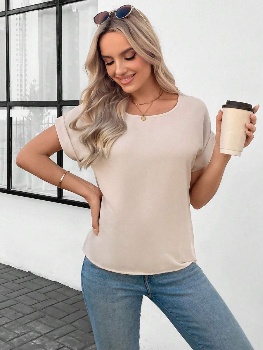 SHEIN LUNE Áo cánh tay cuộn trơn, Áo tay ngắn - Màu be - Xem 1