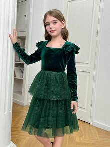 SHEIN Vestido elegante y elegante de fiesta para niñas preadolescentes, con cuello alto, panel de terciopelo con volantes y malla plateada, adecuado para fiestas de Navidad, graduación y bailes de promoción