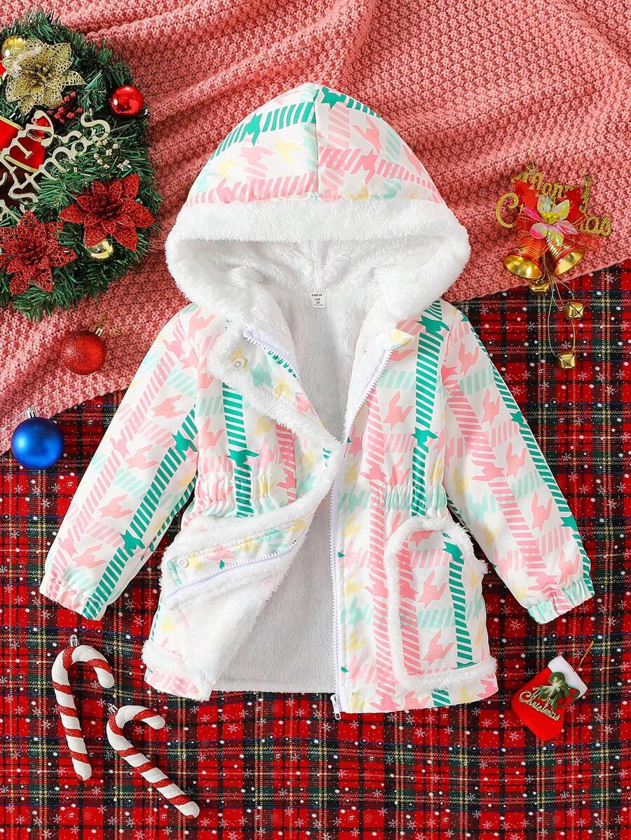 Young Girls Formal Elegant Mid-Length Zipped Plaid Digital Print Hooded Fleece Jacket, Suitable For Autumn/Winter Spring, For Christmas - Multicolor - View 1