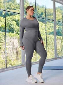 SHEIN Rhythm Era Plus Size Women Seamless Solid Sports Bra & Leggings Set - Grey - View 7