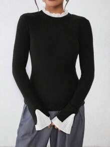 SHEIN Clasi Áo thun nữ mùa thu tay loe xếp nếp ôm sát, chất liệu gân sọc - màu đen - Xem 3