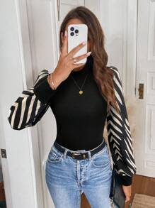 SHEIN LUNE Camiseta de punto ajustada con empalmes, nueva llegada Otoño/Invierno 2024, adecuada para usar como capa o prenda exterior