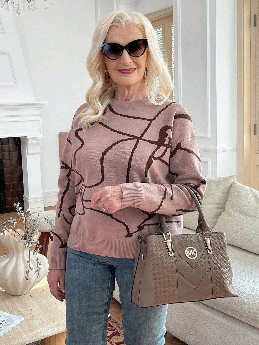 SHEIN LUNE Women's Crew Neck Jacquard Knitted Casual Sweater, Long Sleeve - Khaki - View 1