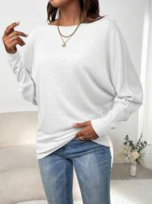 SHEIN Clasi Women Solid Color Round Neck Long Sleeve Minimalist T-Shirt, Casual Everyday Wear