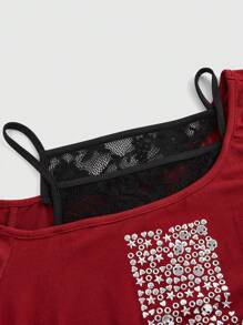 ROMWE Grunge Punk 性感 Y2K 风格水钻骷髅和星星印花镂空拼接细肩带长袖二合一女式 T 恤 - 紅色 - 查看 4