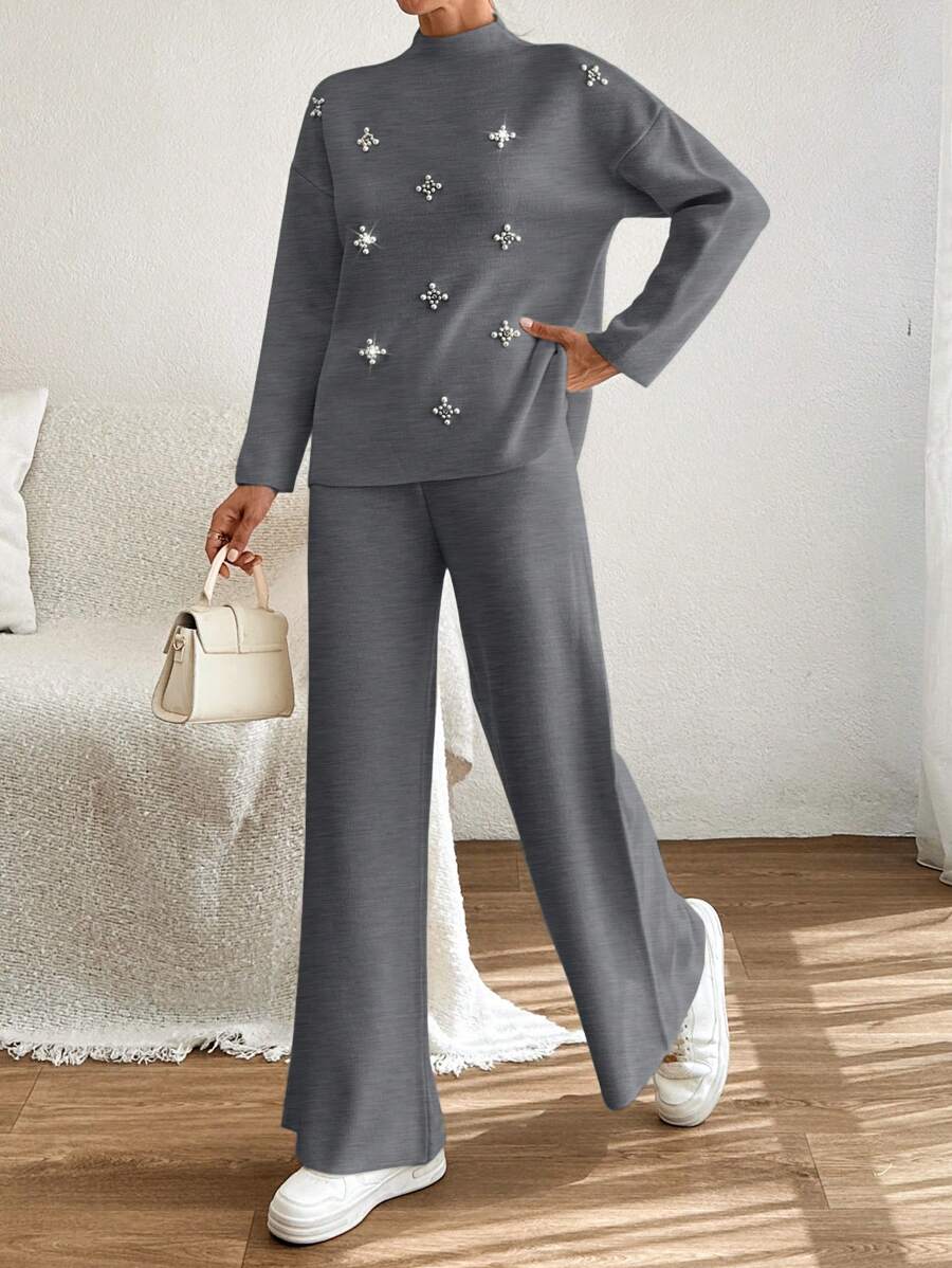 EURMUSE Women Sweater With Pearl Detailed And Knit Pant