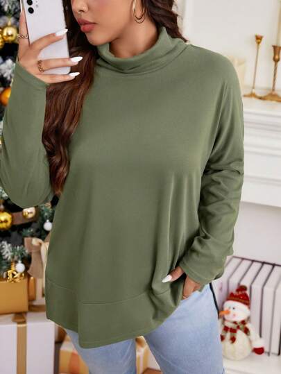 SHEIN LUNE Plus Size Dam Enfärgad Cowl Neck Drop Shoulder Långärmad Casual Lös T-shirt, Höst/Vinter Jul Kvinnor Toppar Julkläder Kvinnor Nyår Kvinnor Klädsel Grön semesteroutfit