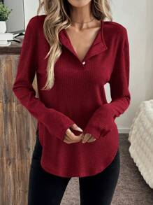 SHEIN LUNE Rosso Ancora Christmas Women Clothes Women's Casual Solid Color Half-Button Curved Hem Long Sleeve Red T-Shirt, Spring And Autumn - Red - View 3