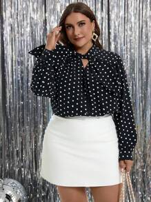 SHEIN Clasi Plus Size Polka Dot Print Tie Neck Long Sleeve Blouse
