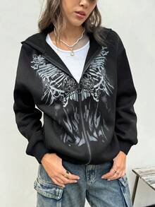 INAWLY 女士秋冬新款宽松休闲复古印花拉链连帽衫运动衫 - 黑色 - 查看 3