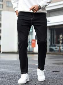 Manfinity Homme 男士口袋紧身休闲百搭牛仔裤，纯色修身深色牛仔裤长款黑色洗水工装牛仔裤，适合丈夫、男朋友的礼物 - 黑色 - 查看 5