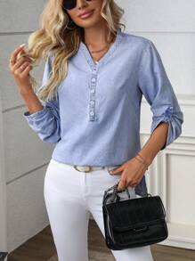 SHEIN LUNE Solid V-Neck Casual Versatile Roll-Up Sleeve Denim Shirt Fall Cloth For Women
