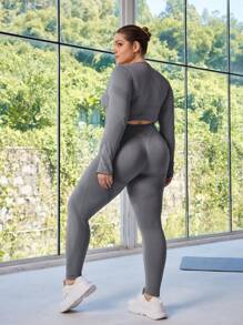 SHEIN Rhythm Era Plus Size Women Seamless Solid Sports Bra & Leggings Set - Grey - View 2