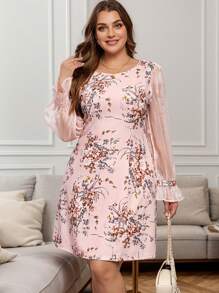 SHEIN Clasi 优雅浪漫花卉印花大圆领长袖修身短款女式加大码连衣裙 - 粉色 - 查看 9
