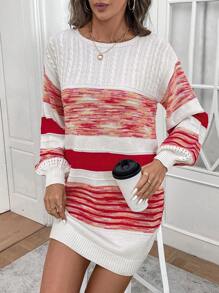 SHEIN LUNE Women Striped Round Neck Drop Shoulder Long Sleeve Casual Sweater Dress, Autumn/Winter