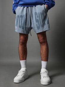 SUMWON Drop Crotch Washed Short With Letter Graphic Print