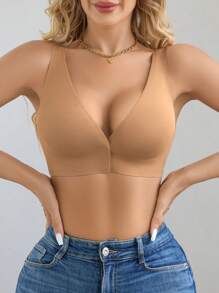 1pc Women's Minimalist Comfortable Seamless Wireless Bra With Front Closure, Padded, Wide Strap - Apricot - View 6