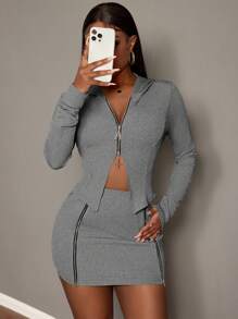Slaydiva 女式纯色长袖前拉链连帽上衣和紧身裙休闲套装，秋季 - 灰色 - 查看 4