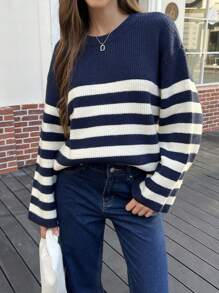 INAWLY Women's Casual Dropped Shoulder Striped Sweater, Autumn/Winter