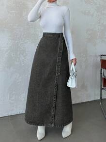 SHEIN Cottnline تنورة جينز نسائية قصيرة بتصميم بسيط مع أربطة رباط، مناسبة للاستخدام اليومي الكاجوال - رمادي غامق - مشاهدة 6