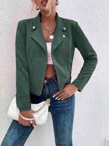 SHEIN LUNE Áo khoác thời trang cổ đứng có khóa kéo cho nữ, Thu/Đông - Màu xanh lá cây đậm - Xem 6