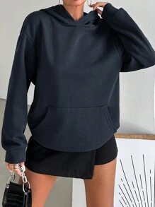 RueChic Áo hoodie lót nhiệt thêu chữ vai trễ 95% cotton - Màu xanh hải quân - Xem 4