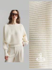 Ontre Váy len trắng kem tay bồng, áo dệt kim rộng rãi thoải mái, trang phục thường ngày đa năng cho phụ nữ, phù hợp cho mùa thu, đông, năm mới, - Màu be - Xem 2