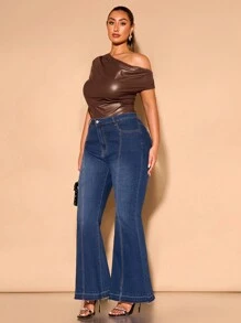 SHEIN BAE Bộ đồ liền thân xếp ly một bên vai bất đối xứng bằng da PU màu đỏ cỡ lớn, thanh lịch và gợi cảm dành cho nữ, thích hợp cho tiệc Halloween và hẹn hò ban đêm trễ vai - màu nâu - Xem 6