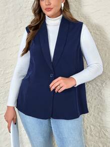 SHEIN Privé 大码纯色前扣无袖简约休闲优雅背心夹克 - 藏蓝色 - 查看 6