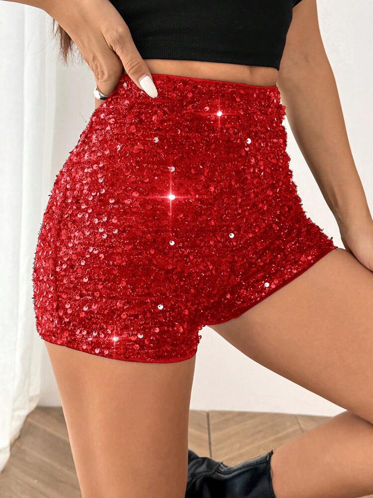 SHEIN EZwear Damen glitzernde elegante rote gestrickte Shorts - Rot - Übersicht 4