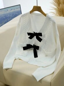 SHEIN Frenchy Áo len cardigan dài tay có túi thắt nơ thời trang thu đông cỡ lớn cho nữ, màu trắng, dễ thương, màu đen, áo len cardigan thắt nơ, giản dị, ấm áp, đa năng, có nút trang trí - trắng - Xem 7
