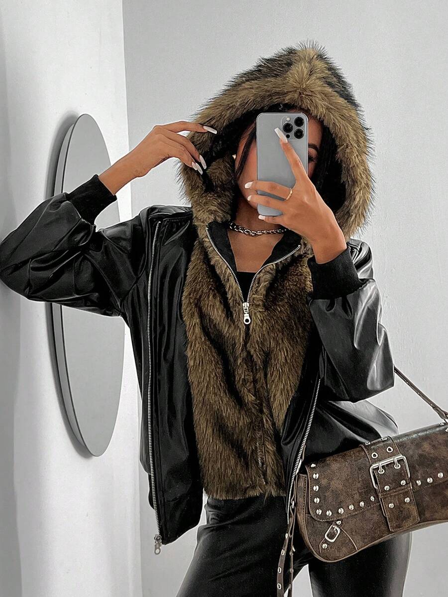 SHEIN SXY Veste à capuche en PU noir avec empiècement, col marron épais et moelleux, pour l'automne/hiver - Noir - Voir 1