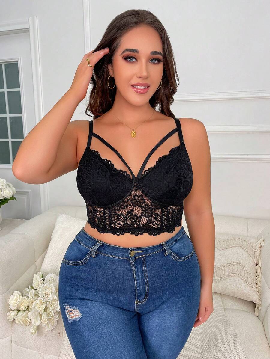 Plus Floral Lace Harness Underwire Bra Lingerie - Black - View 1