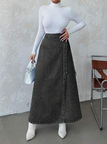 SHEIN Cottnline تنورة جينز نسائية قصيرة بتصميم بسيط مع أربطة رباط، مناسبة للاستخدام اليومي الكاجوال - رمادي غامق - مشاهدة 3
