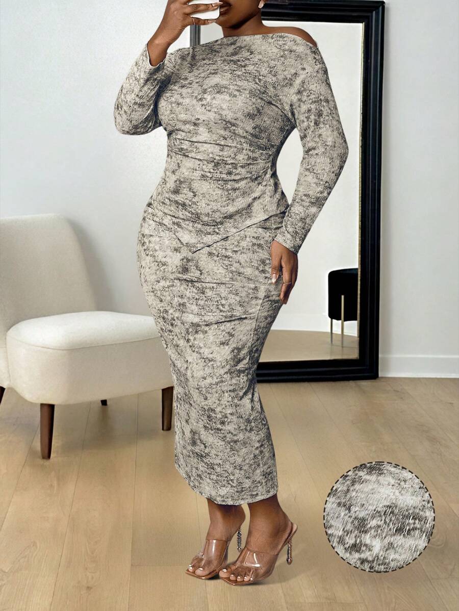 Maweii 2pcs Women Fashion Tie Dye Asymmetric Collar Long Sleeve Top And Long Skirt Set,Autumn,Classy,Wedding Guest,One Shoulder,Texture Fabric,Marble Print - Multicolor - View 1